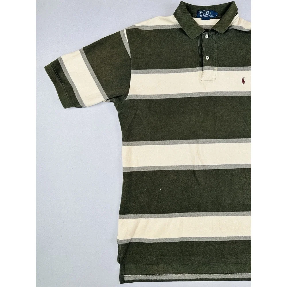 Vintage Polo Ralph Lauren Striped Rugby Polo Shirt Olive Cream Adult L Cotton